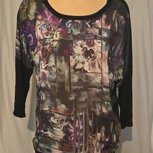 Chico's 3/4 Sleeve Floral Abstract Printed Lightweight Tee, Size 0